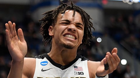 Purdue’s Carsen Edwards reacts during the second half of a first round men’s college basketball game against Old Dominion on March 21, 2019.