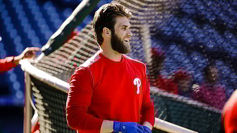 Phillies’ Bryce Harper at Citizens Bank Park for  batting practice  Tuesday (Matt Rourke)