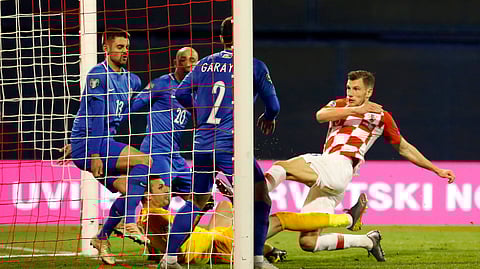 Croatia’s Borna Barisic, right, scores his side’s opening goal during the Euro 2020 group E qualifying soccer match between Croatia and Azerbaijanon March 21, 2019.
