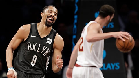 Brooklyn’s Spencer Dinwiddie smiles after scoring during the fourth quarter against the Cavaliers on March 6 (Kathy Willens)