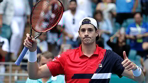 John Isner goes for his third Hall of Fame Open title against Alexander Bublik. (AP Photo/Lynne Sladky)