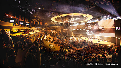 An interior rendering of Fusion Arena, a 3500-seat esports venue coming to the Philadelphia Sports Complex. 