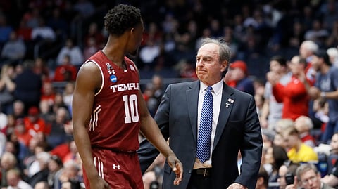 Shizz Alston Jr. and Fran Dunphy, two great Owls, near the end of their final game for Temple, March 19, 2019, in Dayton. (AP Photo/John Minchillo)