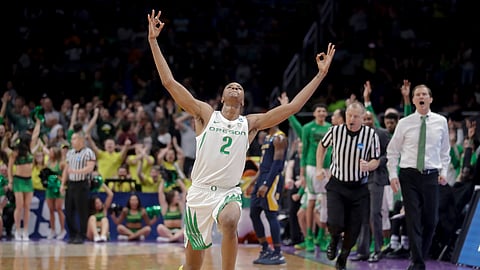 Oregon forward Louis King celebrates after scoring against UC Irvine in the NCAA men’s college basketball tournament Sunday, March 24, 2019. (AP Photo/Jeff Chiu)