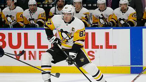 Pittsburgh’s Sidney Crosby skates with the puck against the Sabres Friday night (Jeffrey T. Barnes)