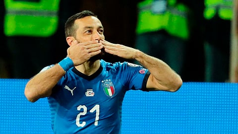 Fabio Quagliarella celebrates after scoring Italy’s third goal during a Euro 2020 Group J qualifying soccer match against Liechtenstein. (Serena Campanini/ANSA via AP)