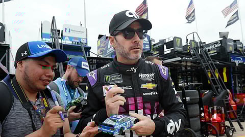 Jimmie Johnson will be honored this weekend at the NASCAR race at Auto Club Speedway. He's retiring at the end of the year. (AP Photo/LM Otero)