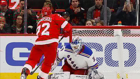 Rangers’ goalie Henrik Lundqvist fails to stop Detroit’s Andreas Athanasiou in a shootout Thursday (Paul Sancya)