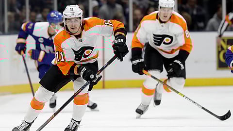 Philadelphia Flyers right wing Travis Konecny skates with the puck during the game against the New York Islanders, March 3, 2019. (Kathy Willens)