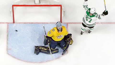 Dallas Stars right wing Alexander Radulov reacts after scoring his second goal against Nashville Predators goaltender Pekka Rinne during the second period in Game 5 of an NHL hockey playoff series on April 20, 2019.