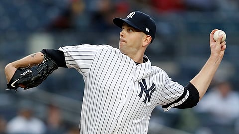 New York Yankees starting pitcher James Paxton delivers during the first inning of the team’s baseball game against the Boston Red Sox on April 16, 2019.