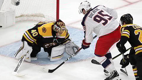Blue Jackets center Matt Duchene shoots the game-wining goal past Boston Bruins goaltender Tuukka Rask during the second overtime of Game 2 on April 28 (Charles Krupa)