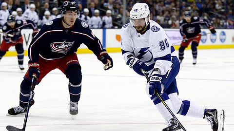 Tampa Bay forward Nikita Kucherov, controls the puck against Columbus in February (Paul Vernon)