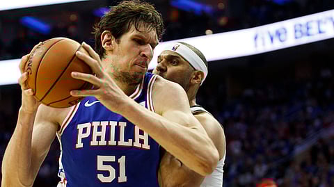 Sixers’ Boban Marjanovic makes a move against Brooklyn Nets’ Jared Dudley in Game 1 (Chris Szagola)