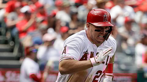 Los Angeles Angels’ Mike Trout runs the bases after a double against the Seattle Mariners during the third inning of a baseball game on April 21, 2019.
