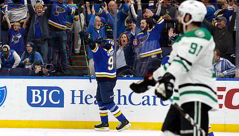 Blues’ Vladimir Tarasenko celebrates his goal in Game 1 on April 25 (Jeff Roberson)