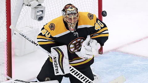 Boston Bruins goaltender Tuukka Rask makes a save during the third period of Game 7 of an NHL hockey first-round playoff series against the Toronto Maple Leafs, Tuesday, April 23, 2019, in Boston.