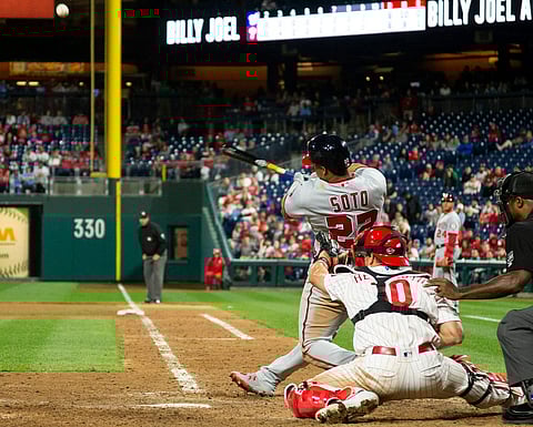 Washington’s Juan Soto hits a three-run home run during the 10th inning Tuesday (Chris Szagola)