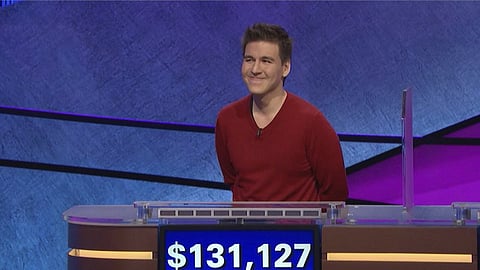 Jeopardy champion James Holzhauer with his final total from the show that aired April 17 (image made from video and provided by Jeopardy Productions, Inc. via AP)