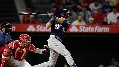 Milwaukee Brewers’ Christian Yelich leads the Brewers against the Dodgers tonight. (AP Photo/Jae C. Hong)