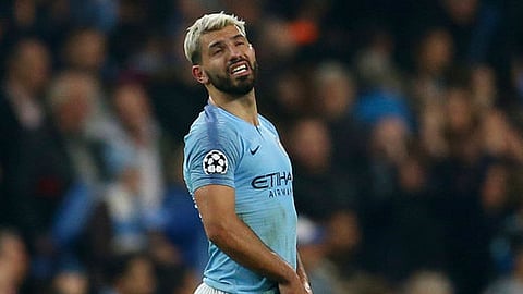 Manchester City’s Sergio Aguero reacts after the final whistle for them to be defeated on away goals and knocked out after the Champions League quarterfinal against Tottenham April 17 (Dave Thompson)