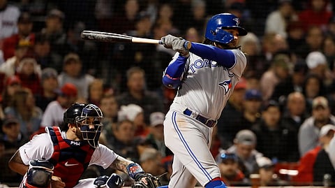 Toronto’s Freddy Galvis follows through on his third single of the game Thursday (Winslow Townson)