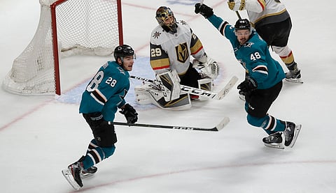 Sharks’ Timo Meier (left) and Tomas Hertl celebrate a goal in Game 7 against the Golden Knights on April 23 (Jeff Chiu)