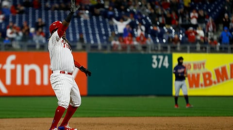Phillies’ Maikel Franco after reaching third on a three-run double and an error Friday (Matt Slocum)