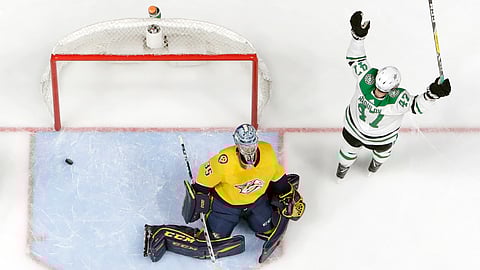 Dallas Stars right wing Alexander Radulov (47), reacts after scoring his second goal against Nashville Predators goaltender Pekka Rinne (35) during Game 5 of an NHL first-round playoff series Saturday, April 20, 2019, in Nashville, Tenn. (AP Photo/Mark Humphrey)