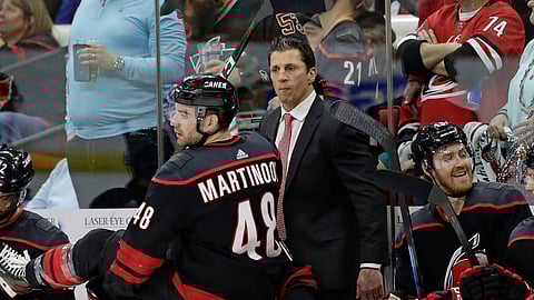Carolina head coach Rod Brind’Amour watches as Hurricanes’ Jordan Martinook (48) takes the ice against the Washington Capitals during Game 3 April 15 (Gerry Broome)