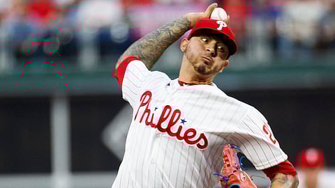 Phillies’ starting pitcher Vince Velasquez throws during the first inning  against the Nationals on  April 8 (Chris Szagola)