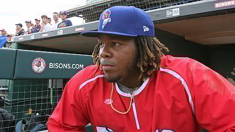 lue Jays Vladimir Guerrero Jr. shown in a July 31,2018 file photo as a Buffalo Bison (Jeffrey T. Barnes)