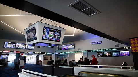 This Feb. 20, 2019, photo shows the new sports book at Prairie Meadows in Altoona, Iowa. The Iowa House passed a bill on April 22, that legalizes for the first time in Iowa betting on sporting events and fantasy sports, sending it to the governor for consideration.