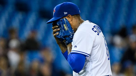 Blue Jays starting pitcher Marcus Stroman reacts as he leaves his April 2 start against the Orioles (Nathan Denette/The Canadian Press)