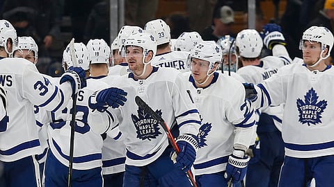 The Maple Leafs celebrate after defeating the Bruins in Game 5 April (Michael Dwyer)