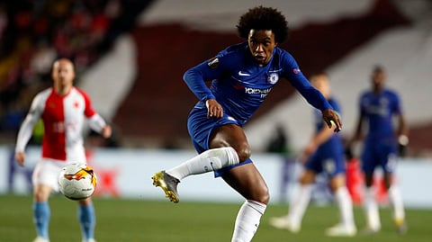 Chelsea’s Willian kicks the ball during the UEFA Europa League quarterfinal soccer match between Slavia Prague and Chelsea on April 11, 2019.
