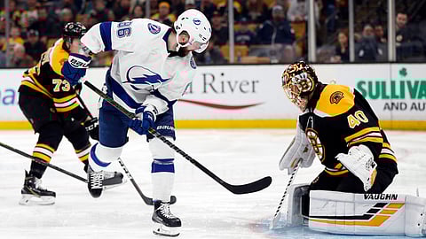 Tampa Bay’s Nikita Kucherov (86) scores on Boston Bruins’ Tuukka Rask Saturday (Michael Dwyer)