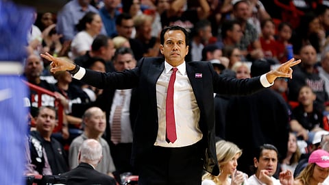 Miami Heat head coach Erik Spoelstra directs his team in the first quarter of play against the Orlando Magic during an NBA basketball game on March 26, 2019.