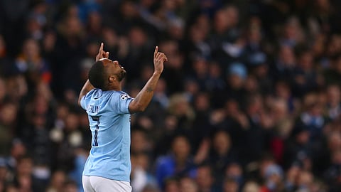 Manchester City’s Raheem Sterling celebrates after scoring his side’s fourth goal during the Champions League round of 16 second leg, match between Manchester City and Schalke 04 on March 12, 2019.