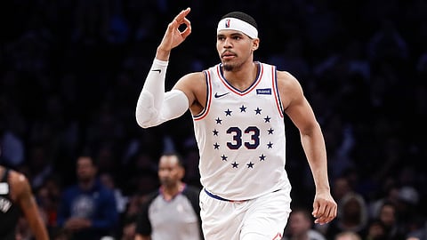 Sixers’ Tobias Harris was perfect on three-point shooting in the Sixers win over the Nets on April 18 (Frank Franklin II)
