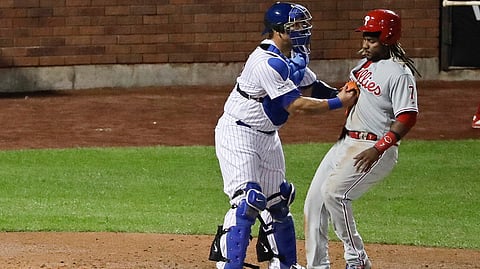 Mets catcher Wilson Ramos tags out Phillies’ Maikel Franco in the fourth inning on April 23  (Frank Franklin II)