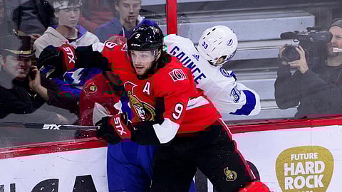 Ottawa Senators right wing Bobby Ryan hits Tampa Bay Lightning defenseman Cameron Gaunce during the game action on April 1, 2019. 