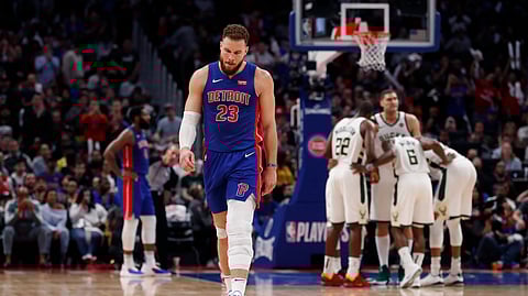 Detroit Pistons forward Blake Griffin walks to the bench after fouling out of Game 4 of a first-round NBA playoff series against the Milwaukee Bucks, Monday, April 22, 2019, in Detroit. (AP Photo/Carlos Osorio)