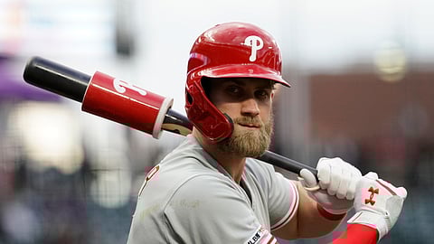 Philadelphia Phillies outfielder Bryce Harper with bat. Harper donated one of his bats to help raise money for childhood cancer.(AP File Photo)