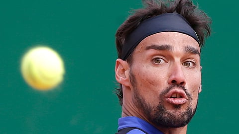 Italy’s Fabio Fognini beat Rafael Nadal in the semifinals at the Monte Carlo Tennis Masters. Fognini plays Dusan Lajovic Sunday for the title. (AP Photo/Claude Paris)