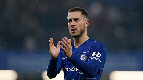 Chelsea’s Eden Hazard applauds at the end of the English Premier League soccer match between Chelsea and West Ham on April 8, 2019.