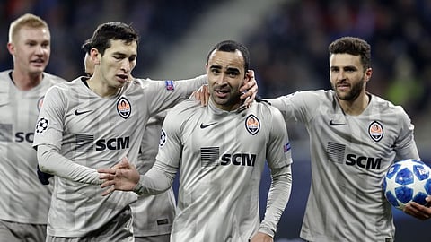 Shakhtar defender Ismaily Ismaily, center right, celebrates with teammates after scoring his side’s opening goal during the group F Champions League soccer match between Hoffenheim and Shakhtar Donetsk at the Rhein-Neckar-Arena stadium in Sinsheim, Germany on Nov. 27, 2018. 