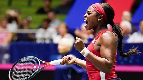 United States’ Sloane Stephens reacts after defeating Switzerland’s Timea Bacsinszky during their playoff-round Fed Cup tennis match on April 20, 2019.