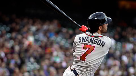 Atlanta Braves’ Dansby Swanson watches his three-run home run off San Francisco Giants’ Jeff Samardzija during the second inning of a baseball game Wednesday, May 22, 2019, in San Francisco. (AP Photo/Ben Margot)