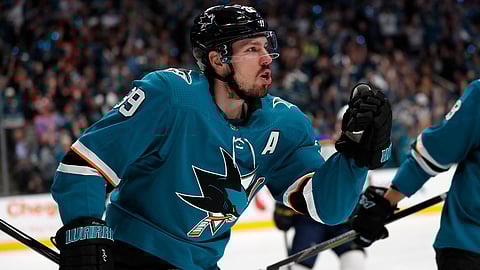 San Jose’s Logan Couture celebrates after scoring a goal in Game 1 on May 11, 2019.